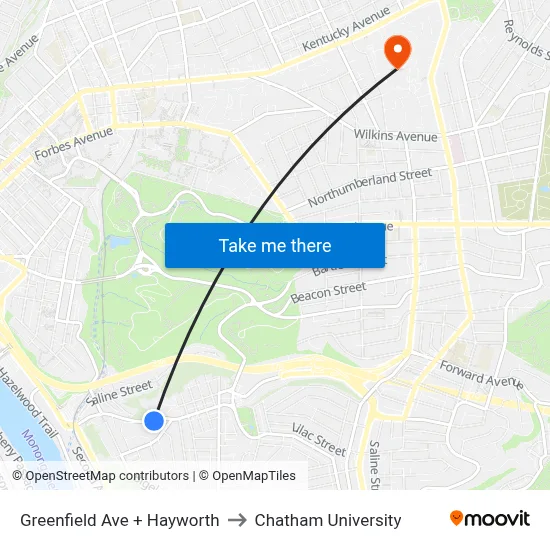 Greenfield Ave + Hayworth to Chatham University map