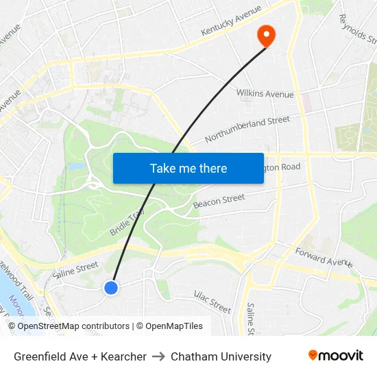 Greenfield Ave + Kearcher to Chatham University map