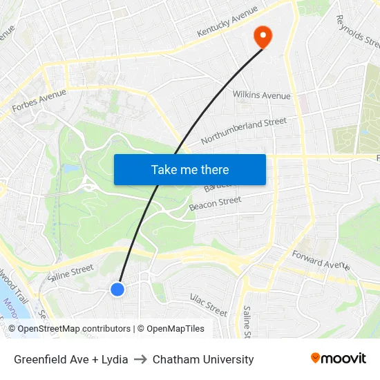 Greenfield Ave + Lydia to Chatham University map