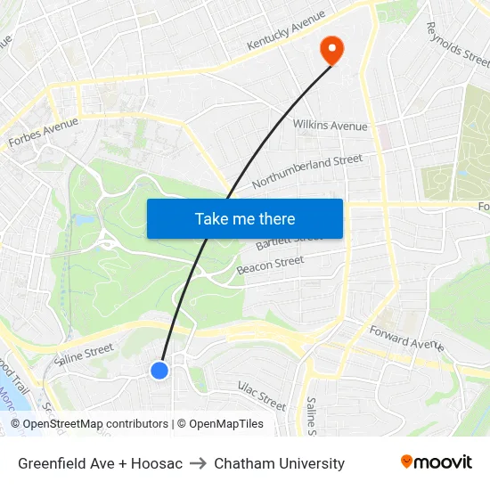 Greenfield Ave + Hoosac to Chatham University map