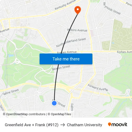 Greenfield Ave + Frank (#912) to Chatham University map