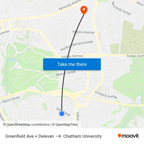 Greenfield Ave + Delevan to Chatham University map