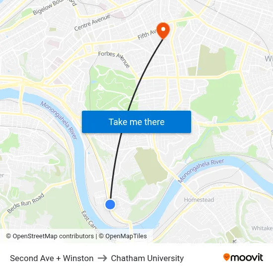 Second Ave + Winston to Chatham University map
