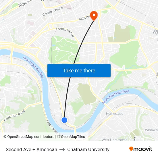 Second Ave + American to Chatham University map