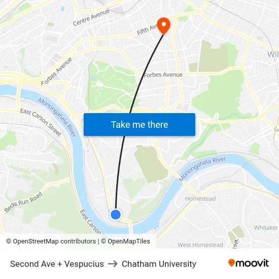 Second Ave + Vespucius to Chatham University map