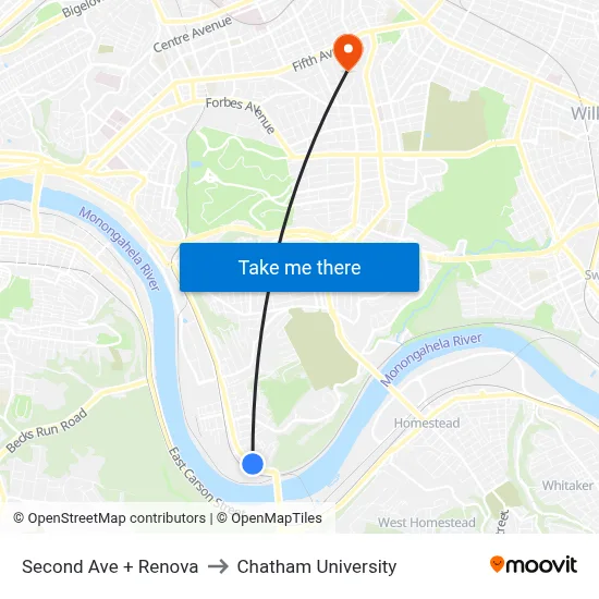 Second Ave + Renova to Chatham University map