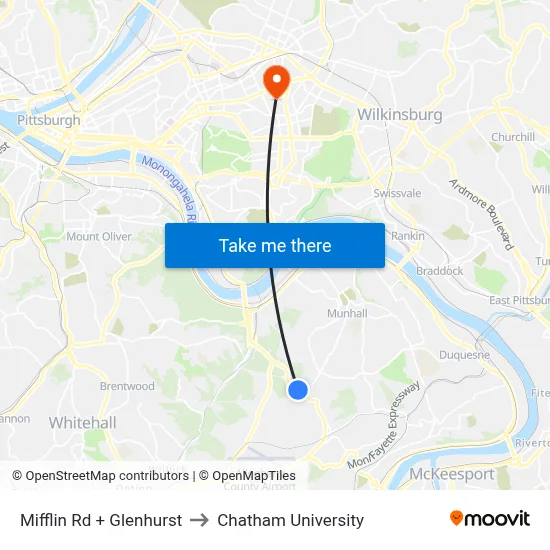 Mifflin Rd + Glenhurst to Chatham University map