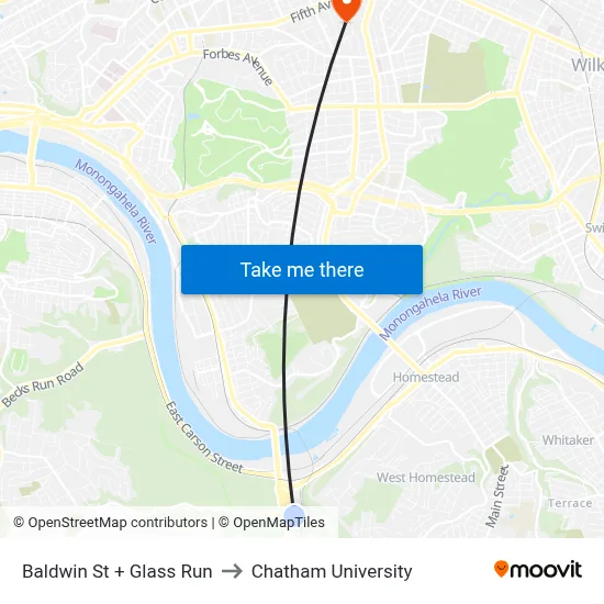 Baldwin St + Glass Run to Chatham University map