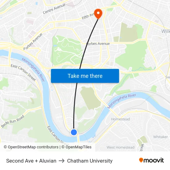 Second Ave + Aluvian to Chatham University map