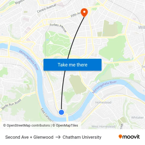 Second Ave + Glenwood to Chatham University map