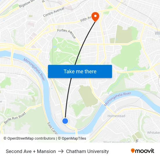 Second Ave + Mansion to Chatham University map