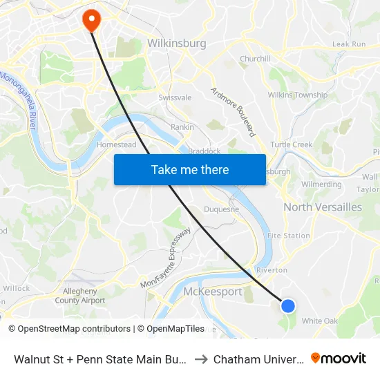 Walnut St + Penn State Main Building to Chatham University map