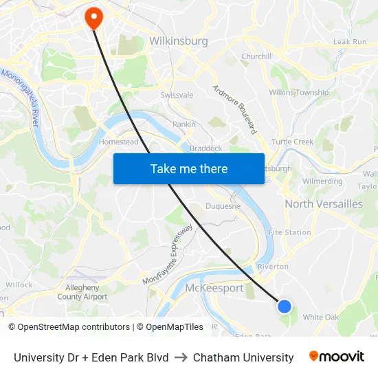 University Dr + Eden Park Blvd to Chatham University map