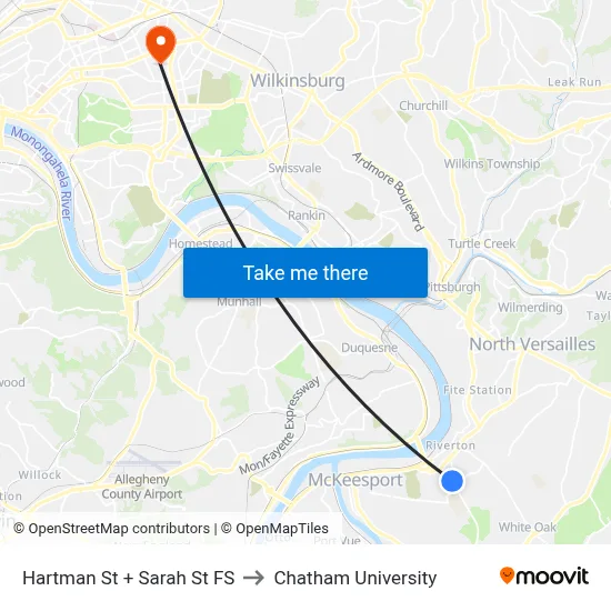 Hartman St + Sarah St FS to Chatham University map