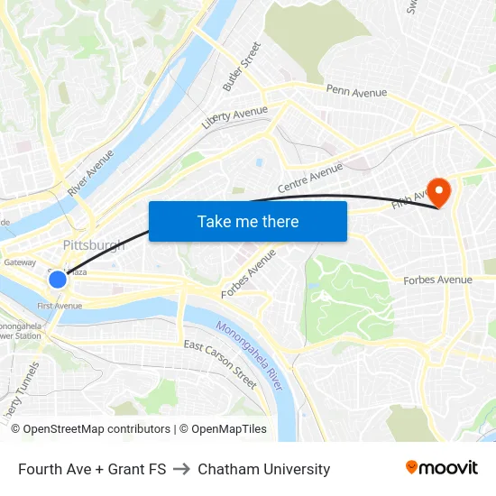 Fourth Ave + Grant FS to Chatham University map