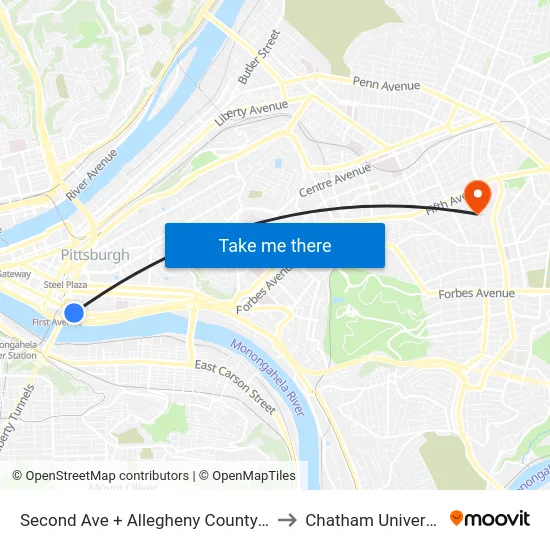 Second Ave + Allegheny County Jail to Chatham University map