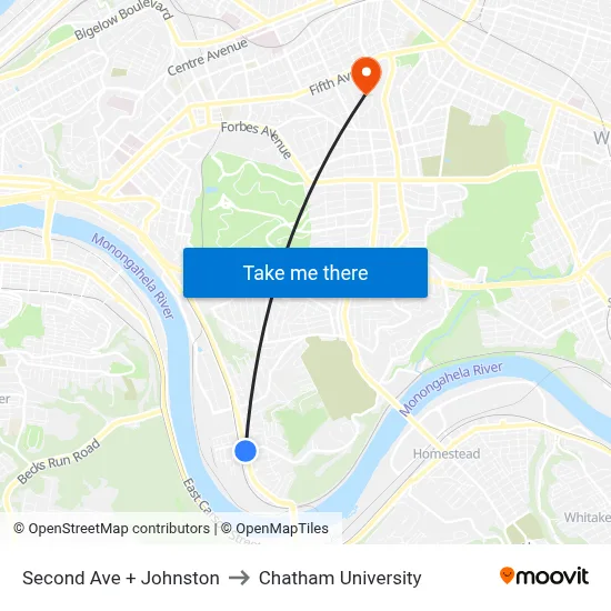 Second Ave + Johnston to Chatham University map