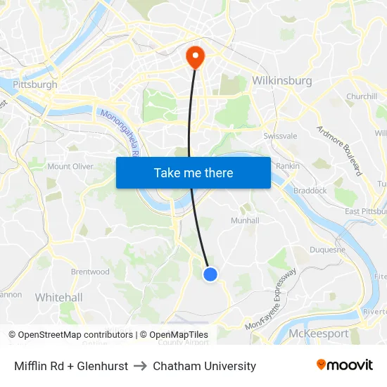 Mifflin Rd + Glenhurst to Chatham University map