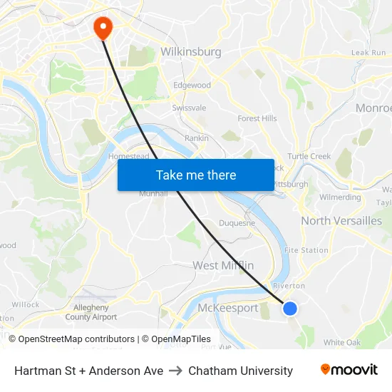 Hartman St + Anderson Ave to Chatham University map