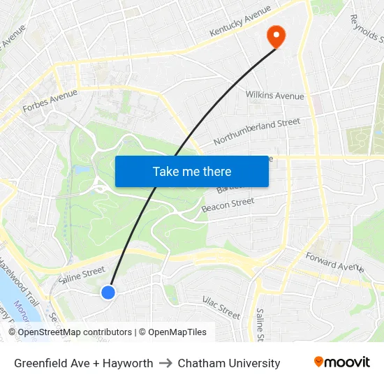 Greenfield Ave + Hayworth to Chatham University map