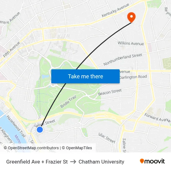 Greenfield Ave + Frazier St to Chatham University map