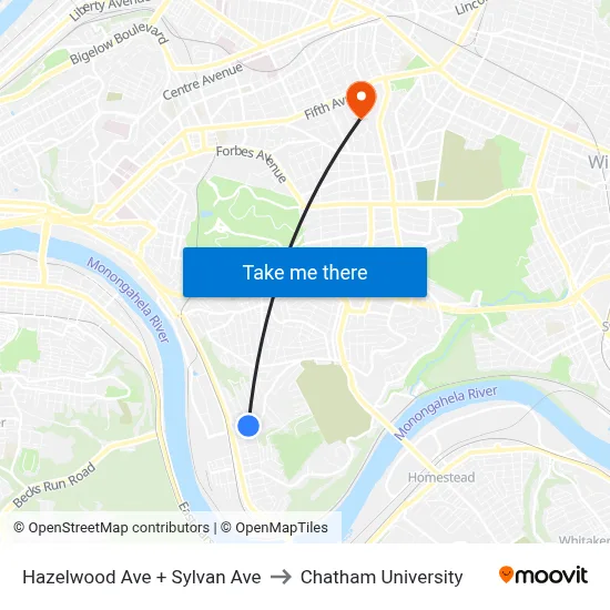 Hazelwood Ave + Sylvan Ave to Chatham University map