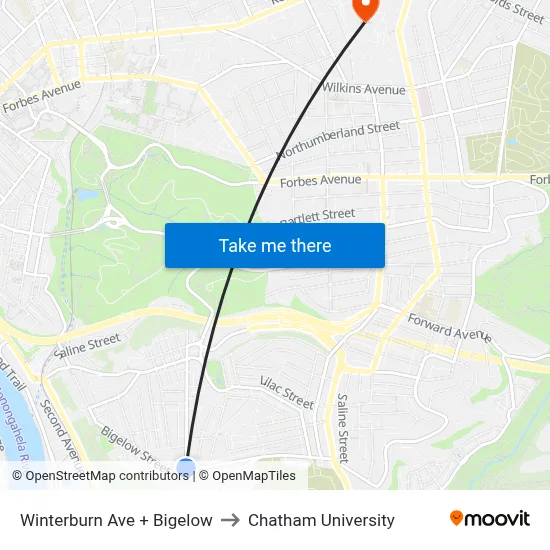 Winterburn Ave + Bigelow to Chatham University map