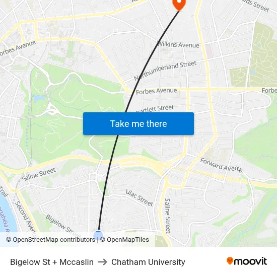 Bigelow St + Mccaslin to Chatham University map