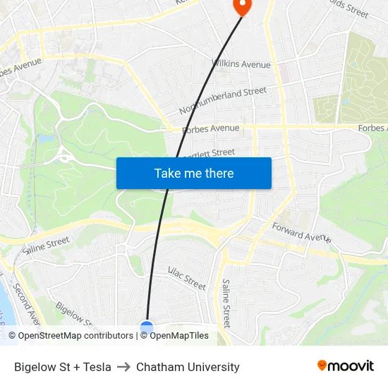 Bigelow St + Tesla to Chatham University map