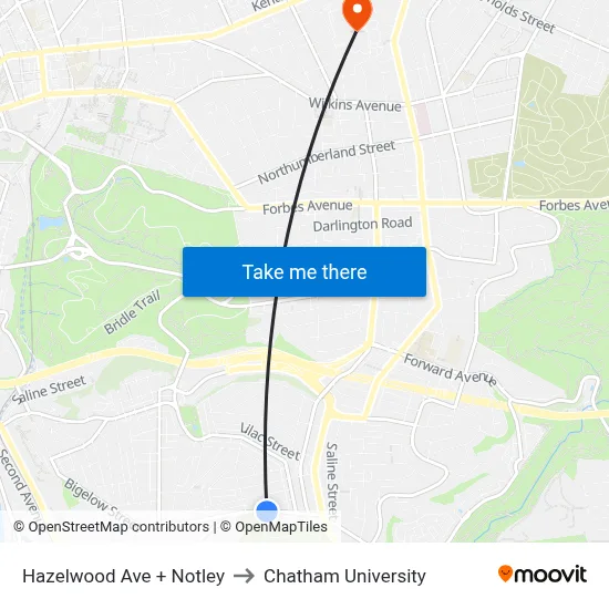 Hazelwood Ave + Notley to Chatham University map