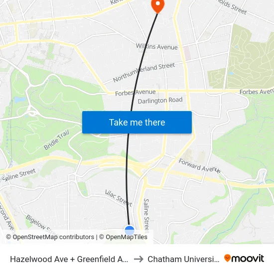 Hazelwood Ave + Greenfield Ave to Chatham University map