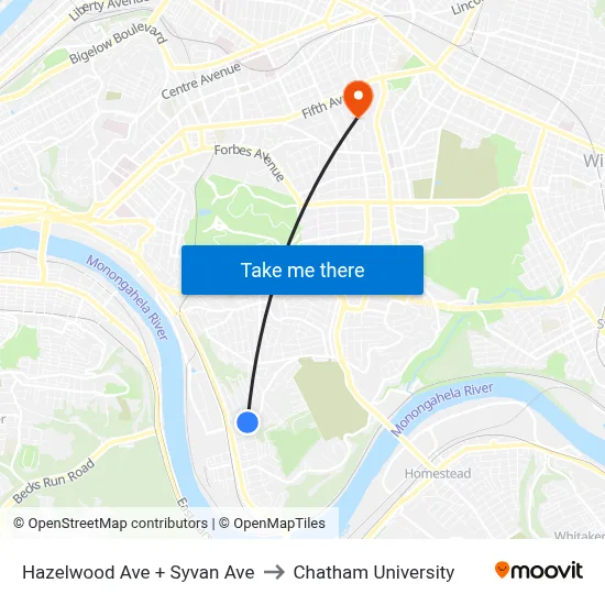 Hazelwood Ave + Syvan Ave to Chatham University map