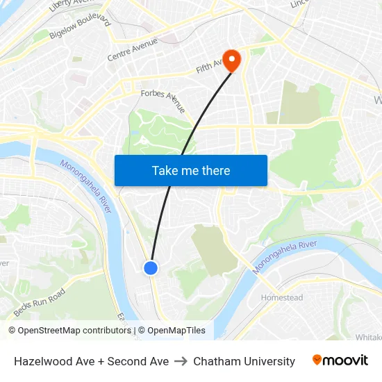 Hazelwood Ave + Second Ave to Chatham University map