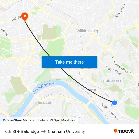 6th St + Baldridge to Chatham University map