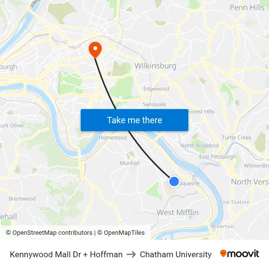Kennywood Mall Dr + Hoffman to Chatham University map