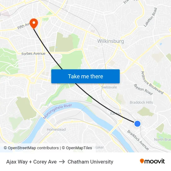 Ajax Way + Corey Ave to Chatham University map