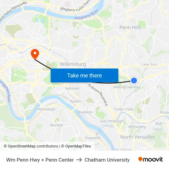 Wm Penn Hwy + Penn Center to Chatham University map