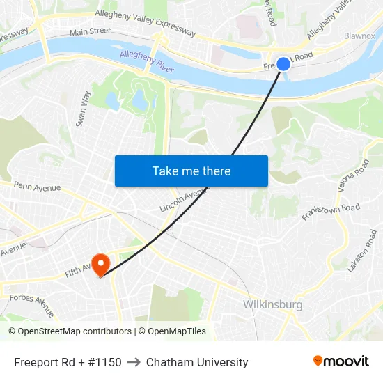 Freeport Rd + #1150 to Chatham University map