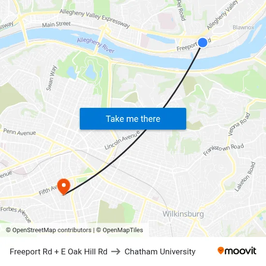 Freeport Rd + E Oak Hill Rd to Chatham University map