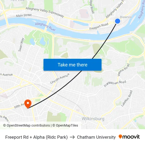 Freeport Rd + Alpha (Ridc Park) to Chatham University map