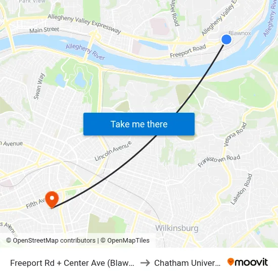 Freeport Rd + Center Ave (Blawnox) to Chatham University map