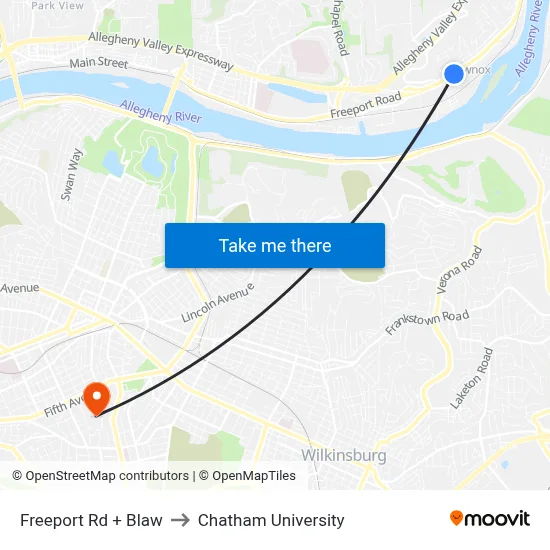 Freeport Rd + Blaw to Chatham University map