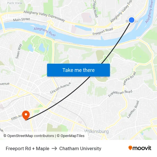 Freeport Rd + Maple to Chatham University map