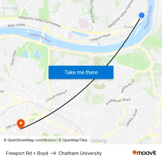 Freeport Rd + Boyd to Chatham University map