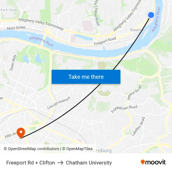 Freeport Rd + Clifton to Chatham University map