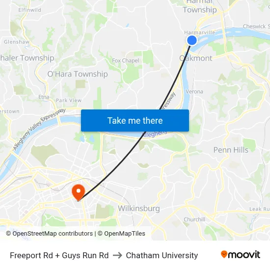 Freeport Rd + Guys Run Rd to Chatham University map