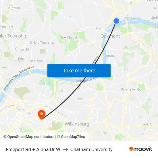 Freeport Rd + Alpha Dr W to Chatham University map