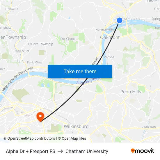 Alpha Dr + Freeport FS to Chatham University map