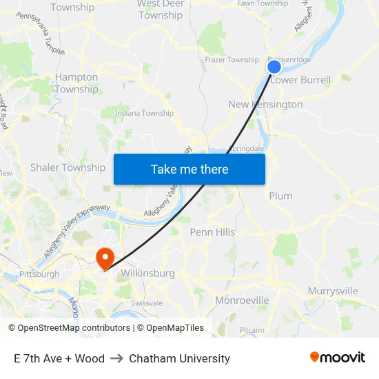 E 7th Ave + Wood to Chatham University map