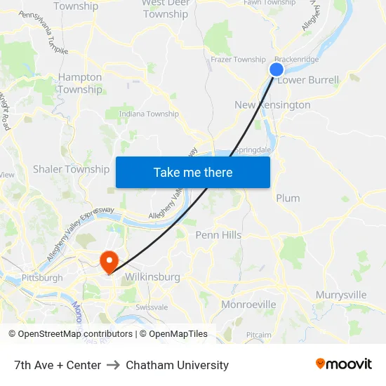 7th Ave + Center to Chatham University map